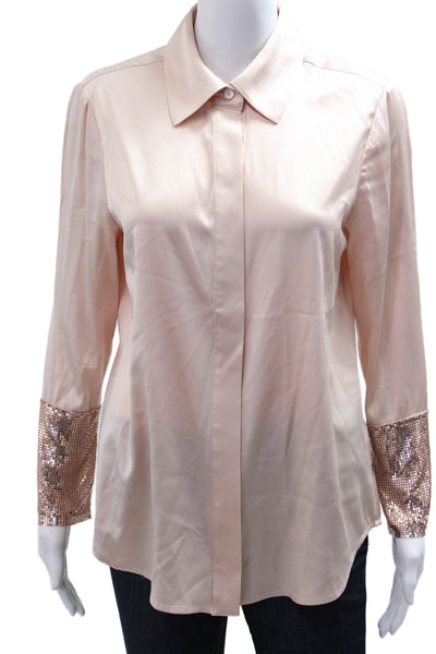 Ramy Brook Women Beige Collared Long Sleeve Silk Blend Button Up Blouse Size M