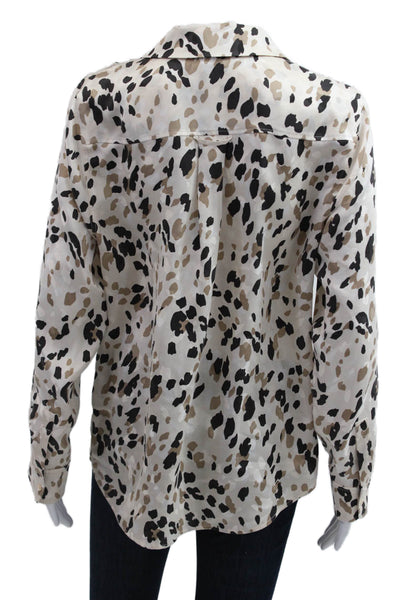 Rails Womens Silk Leopard Button Up Blouse Collared Long Sleeve Beige Size M