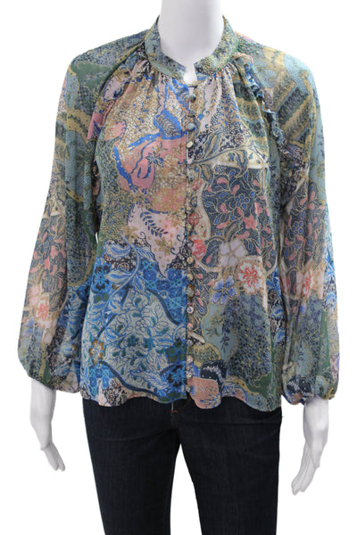 Misa Women Paisley High Neck Button Up Boho Blouse Long Sleeve Blue Size XS