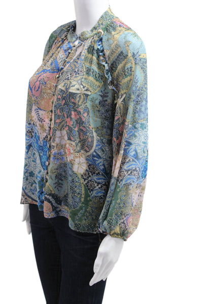 Misa Women Paisley High Neck Button Up Boho Blouse Long Sleeve Blue Size XS
