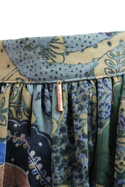 Misa Women Paisley High Neck Button Up Boho Blouse Long Sleeve Blue Size XS