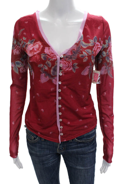 Free People Womens Red Floral V Neck Long Sleeve Button Up Top Petites Size XS