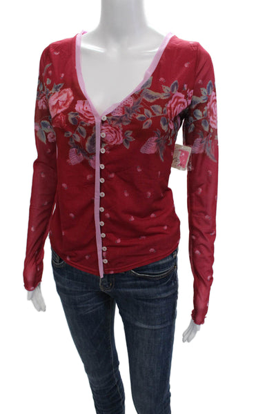 Free People Womens Red Floral V Neck Long Sleeve Button Up Top Petites Size XS