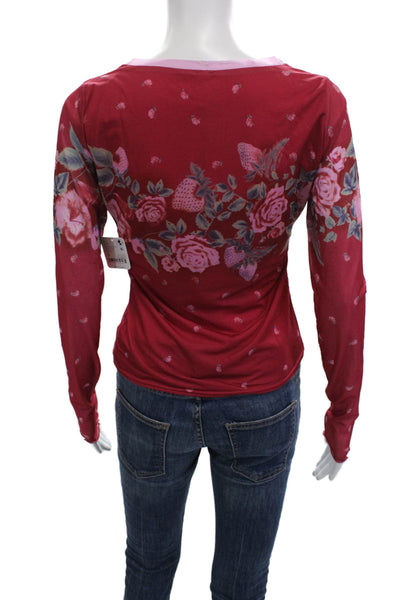 Free People Womens Red Floral V Neck Long Sleeve Button Up Top Petites Size XS