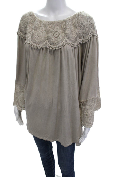 Pol Women Tunic Blouse Beige Long Sleeve Bohemian 60% Cotton Size M
