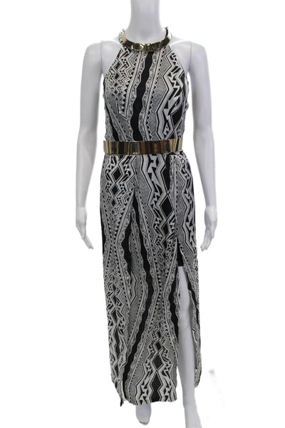 Elle Zeitoune Women Maxi Dress Black Aztec High Neck Button Size 10