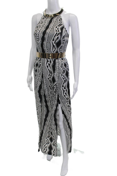 Elle Zeitoune Women Maxi Dress Black Aztec High Neck Button Size 10