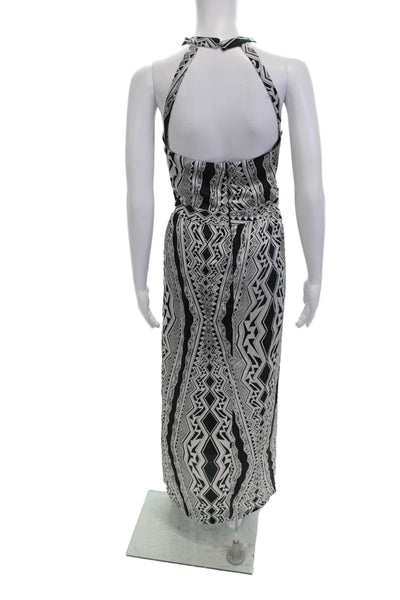 Elle Zeitoune Women Maxi Dress Black Aztec High Neck Button Size 10