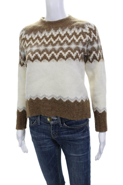 J Crew Women Brown Fair Isle Pullover Crewneck Long Sleeve Lambs Wool Size XS