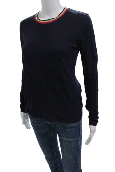 Goldie Womens Ringer T Shirt Dark Blue Pima Cotton Crewneck Long Sleeve Size XS