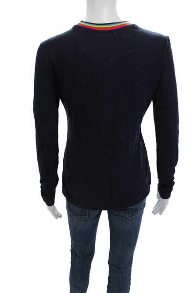 Goldie Womens Ringer T Shirt Dark Blue Pima Cotton Crewneck Long Sleeve Size XS