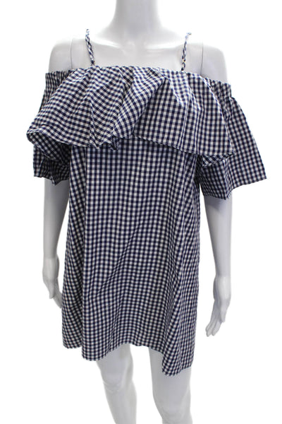 Amanda Uprichard Women Shift Dress Dark Blue Short Sleeve Check Cotton Size L