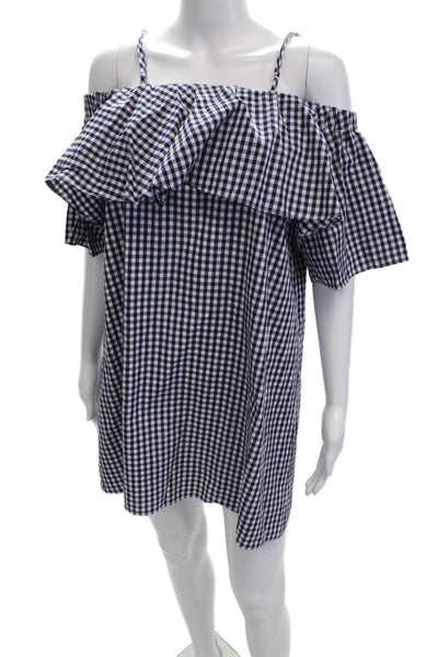 Amanda Uprichard Women Shift Dress Dark Blue Short Sleeve Check Cotton Size L