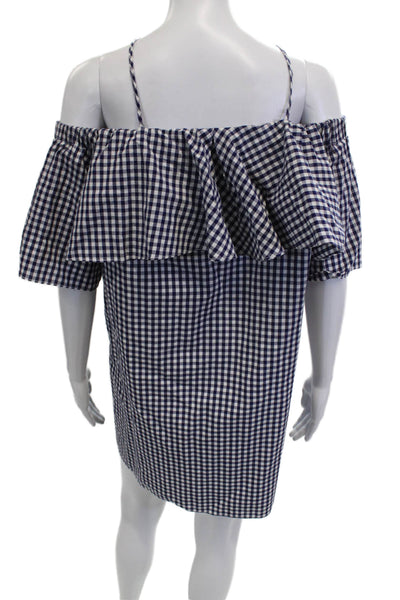 Amanda Uprichard Women Shift Dress Dark Blue Short Sleeve Check Cotton Size L