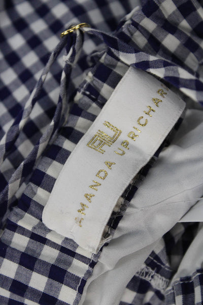 Amanda Uprichard Women Shift Dress Dark Blue Short Sleeve Check Cotton Size L