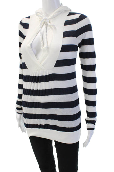 Splendid Women Tunic Hoodie Dark Blue Striped Long Sleeve Drawstring Size M