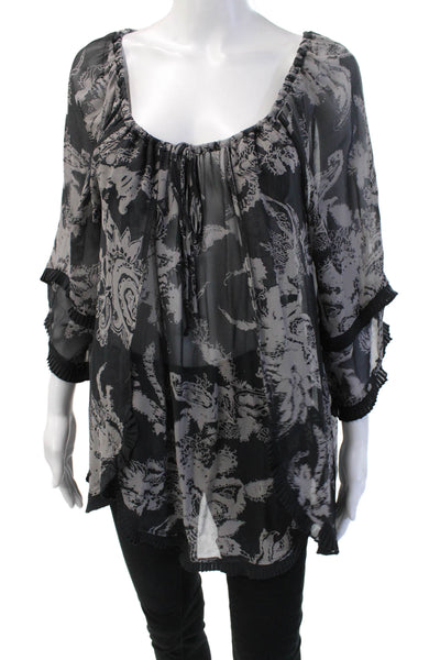 Ella Moss Women Black Silk Paisley Tunic 3/4 Sleeve Bohemian Size L