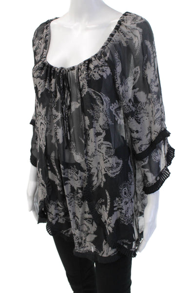 Ella Moss Women Black Silk Paisley Tunic 3/4 Sleeve Bohemian Size L