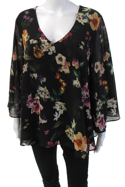 Karen Kane Women Kimono Blouse Black Floral V-Neck Long Sleeve Size XL