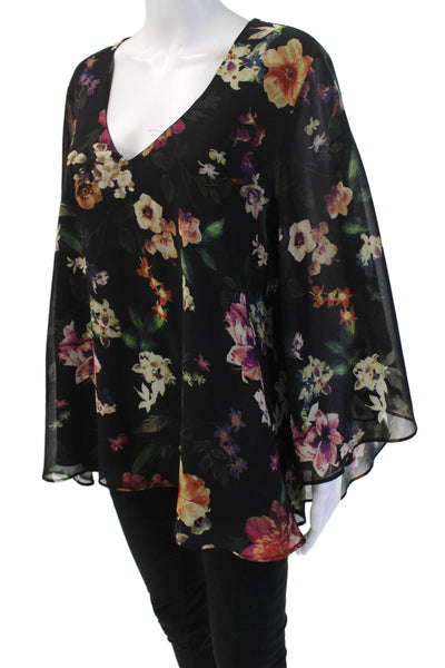 Karen Kane Women Kimono Blouse Black Floral V-Neck Long Sleeve Size XL