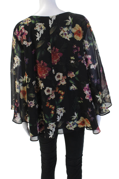 Karen Kane Women Kimono Blouse Black Floral V-Neck Long Sleeve Size XL