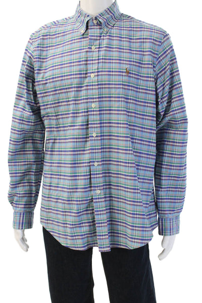 Ralph Lauren Blue Label Mens Button-Down Plaid Blue Cotton Shirt Size L