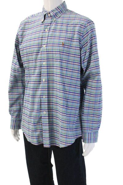 Ralph Lauren Blue Label Mens Button-Down Plaid Blue Cotton Shirt Size L