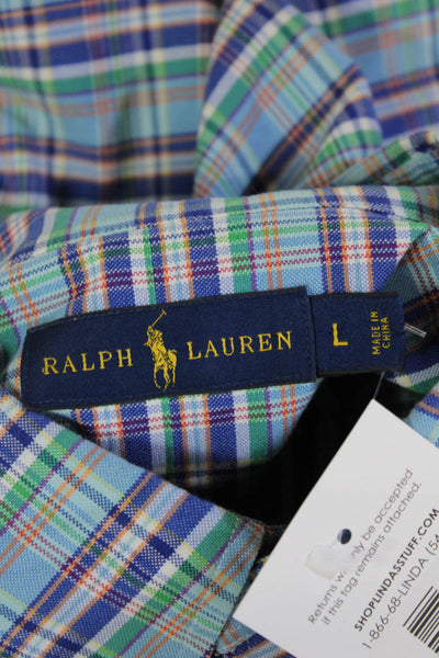 Ralph Lauren Blue Label Mens Button-Down Plaid Blue Cotton Shirt Size L