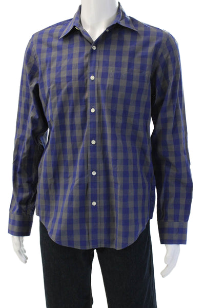 J Crew Mens Blue Check Point Collar Button Up Long Sleeve Cotton Shirt Size M
