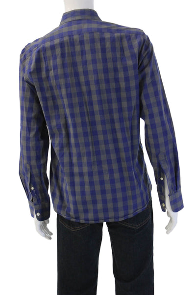 J Crew Mens Blue Check Point Collar Button Up Long Sleeve Cotton Shirt Size M