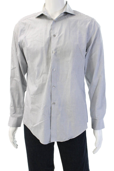 Calvin Klein Mens Dress Shirt Striped White Cotton Long Sleeve Collared Size L