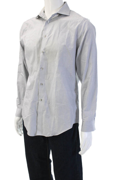 Calvin Klein Mens Dress Shirt Striped White Cotton Long Sleeve Collared Size L