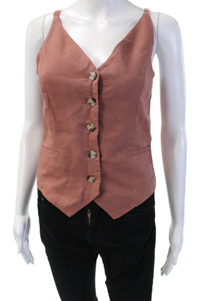 Zara Womens Brown Linen Cotton V Neck Button Sleeveless Boho Vest Size XS