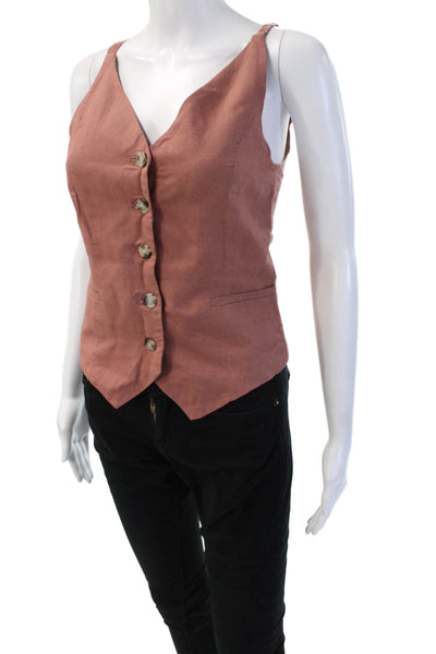 Zara Womens Brown Linen Cotton V Neck Button Sleeveless Boho Vest Size XS