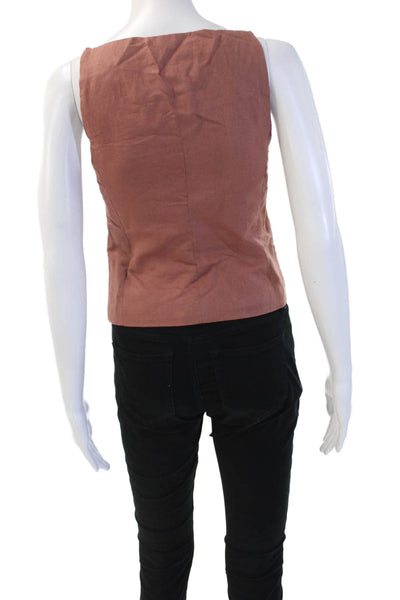 Zara Womens Brown Linen Cotton V Neck Button Sleeveless Boho Vest Size XS
