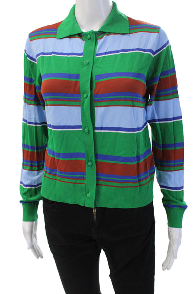 Zara Women Cardigan Green Collared Long Sleeve Striped Viscose Size S