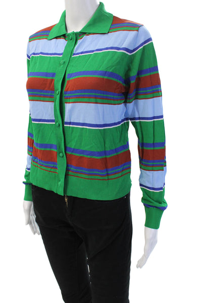 Zara Women Cardigan Green Collared Long Sleeve Striped Viscose Size S