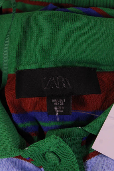 Zara Women Cardigan Green Collared Long Sleeve Striped Viscose Size S