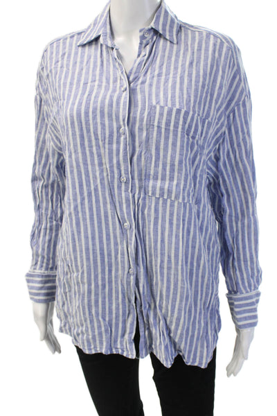Zara Women Blue Striped Collared Long Sleeve Button Up Shirt Size XS