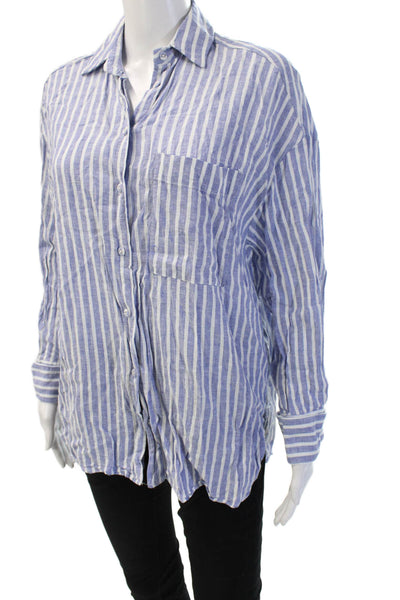 Zara Women Blue Striped Collared Long Sleeve Button Up Shirt Size XS