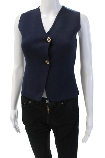 Zara Women Sleeveless V-Neck Vest Dark Blue Button Size S