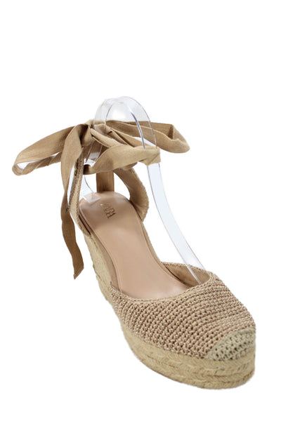 Zara Womens Lace-Up Round Toe Platform Wedge Sandals Beige Size 8