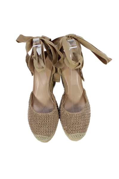 Zara Womens Lace-Up Round Toe Platform Wedge Sandals Beige Size 8