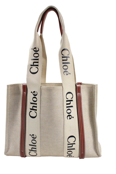 Chloe Womens Leather Contrast Shoulder Handbag Beige Brown Cotton