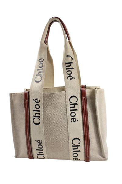 Chloe Womens Leather Contrast Shoulder Handbag Beige Brown Cotton