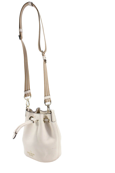 Kate Spade New York Womens Leather Bucket Drawstring Shoulder Handbag White