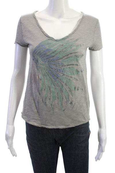 Zadig & Voltaire Women Gray V-Neck Short Sleeve T-Shirt Bird Print Size XS