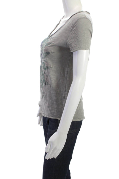 Zadig & Voltaire Women Gray V-Neck Short Sleeve T-Shirt Bird Print Size XS