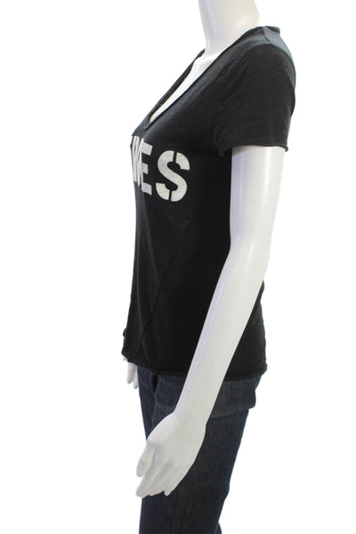 Zadig & Voltaire Womens Black V-Neck Graphic Cotton T-Shirt Size XS
