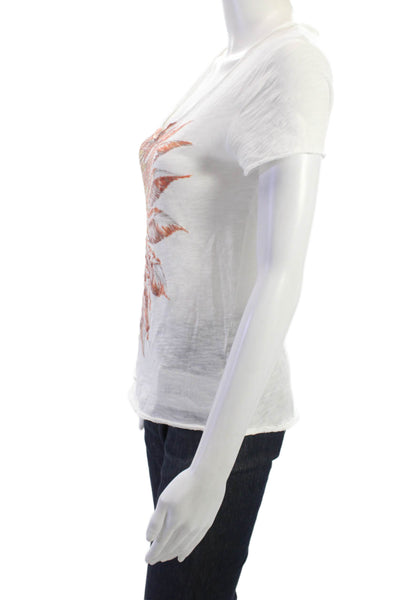 Zadig & Voltaire Women White V-Neck Cotton Graphic T-Shirt Short Sleeve Size XS